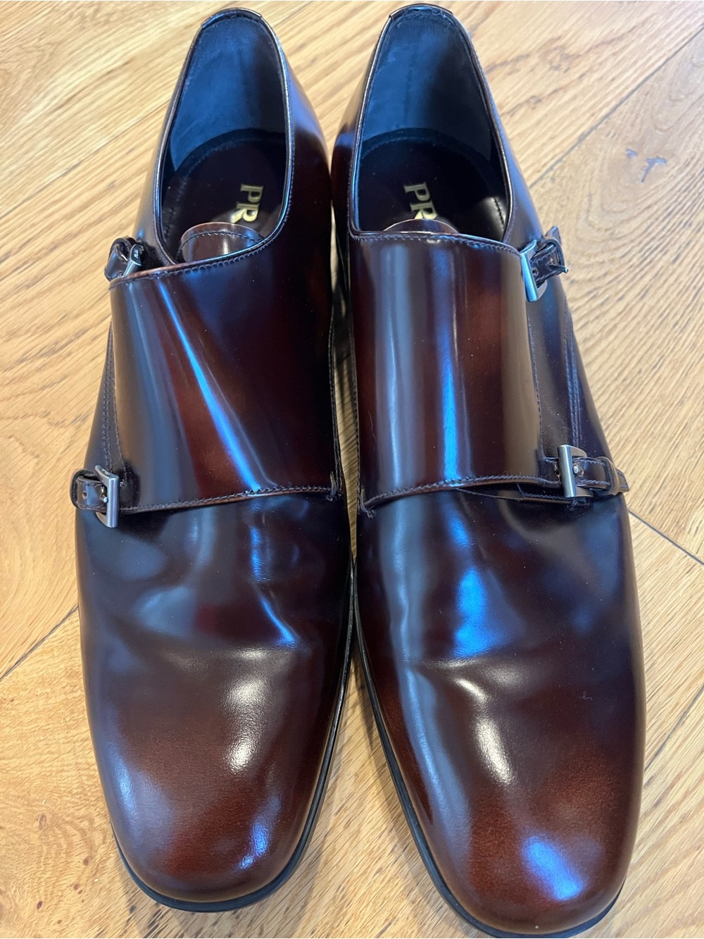 Prada Calzature Uomo Spazzolato Fume Men's Double Strap Leather Shoes Dark Brown